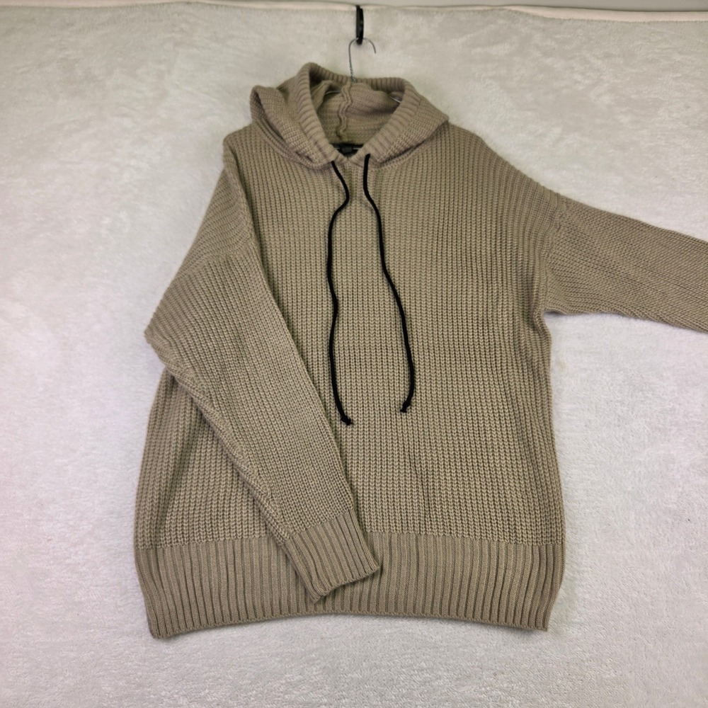 Tan Shaker Knit Hoodie Pullover Drawstring Sweater Khaki Ribbed Oversized